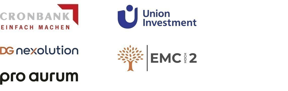 Logos: CRONBANK AG, DG Nexolution, pro aurum, Union Investment, EMC hoch 2
