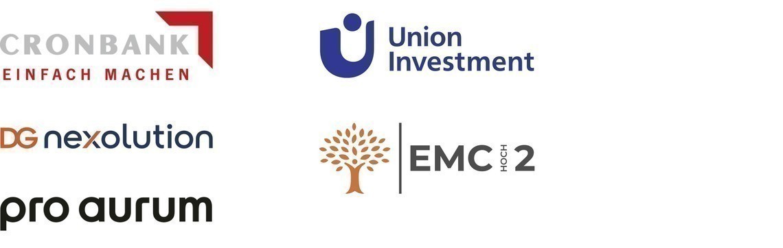Logos: CRONBANK AG, DG Nexolution, pro aurum, Union Investment, EMC hoch 2